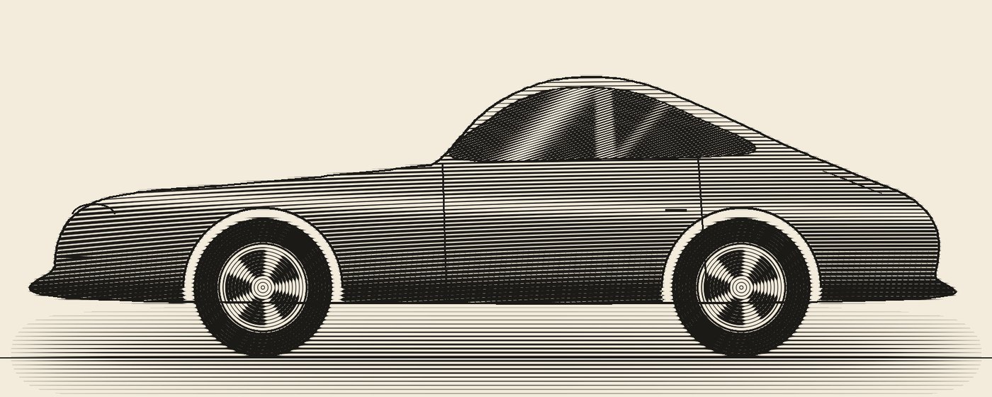 Black line engraving of a coupe on cream paper