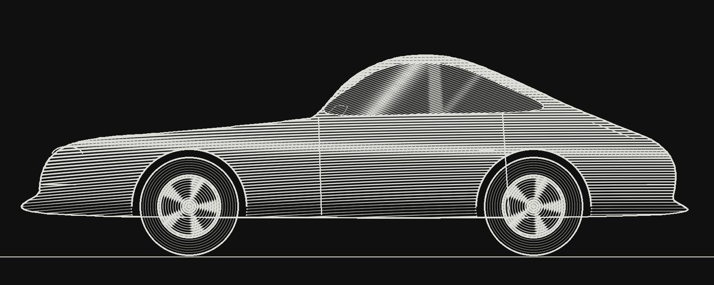 Silver line engraving of a coupe on black paper
