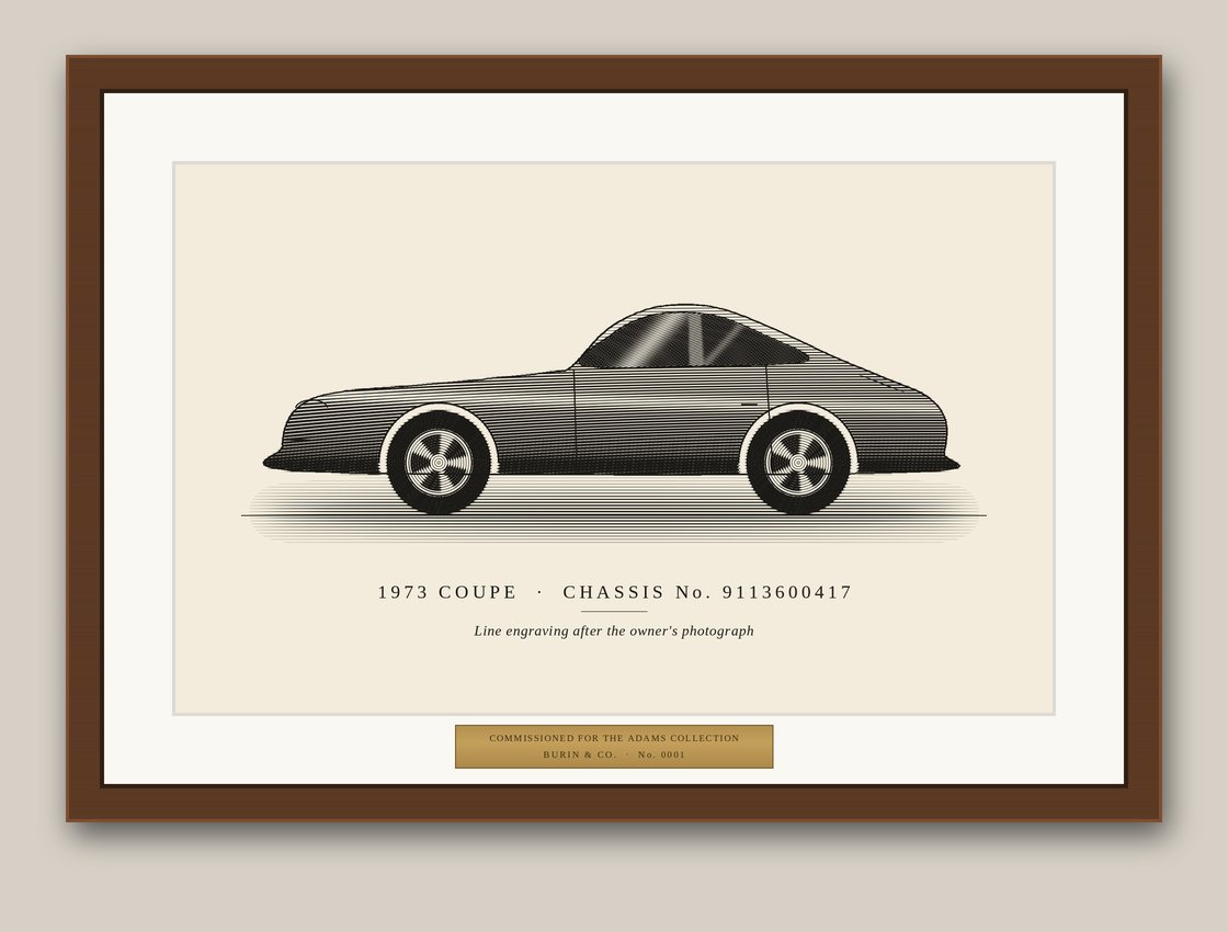 Framed black-on-cream engraving of a coupe in a walnut frame with brass plaque